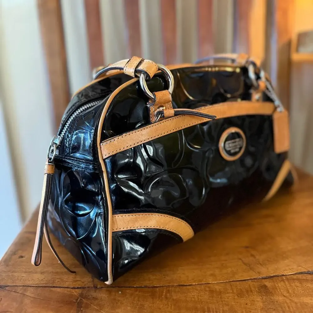 Coach Peyton Signature Embossed Patent Leather Satchel Black/Tan